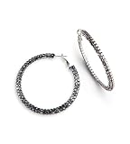 IMAGE OF Grey Crystal Silver Tone Polished Round Hoop Earrings
