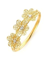 14K Yellow Milgrain Filigree Flower with Rhodium Center Accents Bangle Bracelet