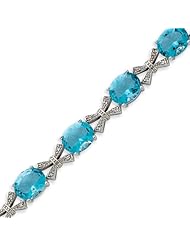 Sterling Silver Blue Oval And Clear CZ Bracelet - 7 Inch
