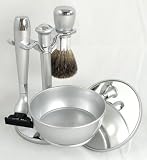 Shaving Gift Set with Badger Brush, Stand, Soap Bowl, Bowl Cover and Mirror and Mach 3 Razor Handle. Silver Plated, Great Fathers Day or Christmas Gift. Shaving Gift Set with Badger Brush, Stand, Soap Bowl, Bowl Cover and Mirror and Mach 3 Razor Handle. Silver Plated, Great Fathers Day or Christmas Gift.