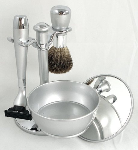 Shaving Gift Set with Badger Brush, Stand, Soap Bowl, Bowl Cover and Mirror and Mach 3 Razor Handle. Silver Plated, Great Fathers Day or Christmas Gift. Shaving Gift Set with Badger Brush, Stand, Soap Bowl, Bowl Cover and Mirror and Mach 3 Razor Handle. Silver Plated, Great Fathers Day or Christmas Gift.