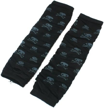 Lady Black Blue Skulls Printed Winter Long Elastic Fingerless Gloves