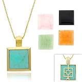 Vermeil (24k Gold over Sterling Silver) Genuine Green Jade, Rose Quartz, Red Jade, Onyx, and Simulated Blue Turquoise 5 Stone Square Filigree Reversible Pendant Jewelry Set