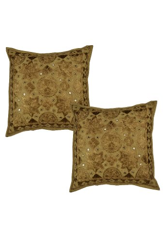 Imagen principal de Cojín de algodón indio cubre con bordado a mano y tamaño Mirror Work 16 x 16 pulgadas Juego de 2 piezas