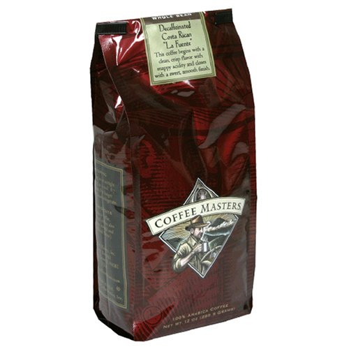 Coffee Masters Gourmet Coffee, Costa Rican La Fuente Decaffeinated, Whole Bean, 12-Ounce Valve Bag, (Pack of 4)