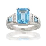 10k White Emerald-Cut Blue Topaz and Diamond Ring - Size 7.0