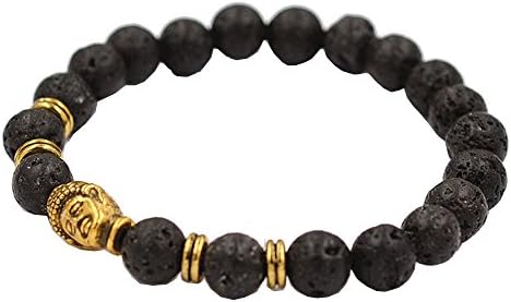 Liuanan Lava Rock Natural Stone Buddha Head Beaded Cuff Bracelet (Gold Buddha)