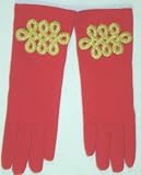 G64, Red Wool Jersey Gloves with Antique Gold Leaf Patch on Wrist for Women and Teens