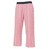 Pink and black tartan plaid check flannel cotton pants for lounging, sleep, sports. Unisex relaxed fit, available in 3 Youth sizes, exposed elastic waist