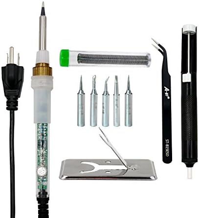6-in-1 Soldering Iron Kit, A-BF BF-836 60W 110V Adjustable Temperature Welding Soldering Iron, Soldering Gun with 5pcs Solder Tips, Solder Wire, Desoldering Pump, Anti-static Tweezers and Stand