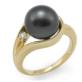 Tahitian Black Pearl Ring with Diamond in 14K Yellow Gold by