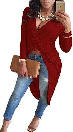 Women Sexy Deep V Neck Long Sleeve Loose Hi-low Crop Top Stretch Party Dresses