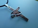 New Men’s Stainless Steel The Lords Prayer Cross Ring Design Pendant Necklace & rubber cord (Valentine’s Day)