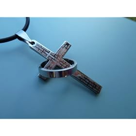 New Men's Stainless Steel The Lords Prayer Cross Ring Design Pendant Necklace & rubber cord (Easter Day)