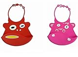 お食事 防水 くるくるエプロン ソフト スタイ シリコンバケツビブ 2枚セット(レッドモンキー/ピンクカバ)