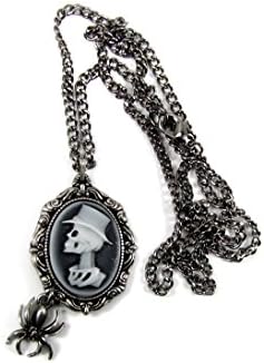 Halloween Gothic Crypt Cameos Top Hat with Spider, Black Chain Necklace 24 inches