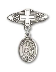 Sterling Silver Baby Badge with St. Giles Charm and Badge Pin with Cross