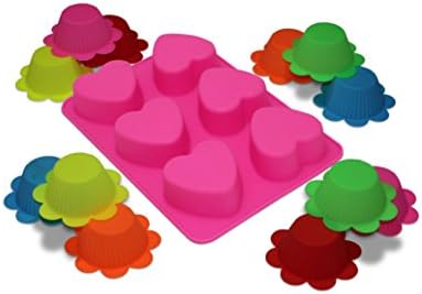 6 Cavities Heart Silicone Cake Mold with 12-pack Reusable Silicone Baking Cups / Cupcake Liners.