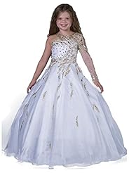 Girls One Shoulder  Floor Length Crystal Lace  Scoop Neck  Ball Gown Pageant Dress  With Ruffles