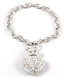 Designer Look Crystal Heart Crown Charm Toggle Bracelet Silver Tone