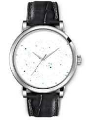 SPRAWL Aanalog Fashion Series Silver Ladies Watches of Genuine Black Leather Strap,Unique Wrist Watch for Women Girls Designed with Blue ink splatter