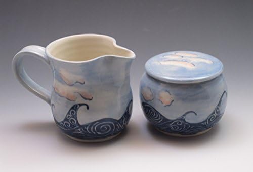 Porcelain sugar and creamer set on serving tray, hand thrown and hand painted in wave design