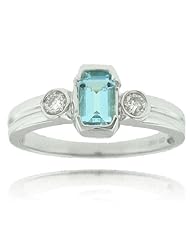 14k White Gold Aquamarine Octogon Gemstone and Diamond Ring, Birthstone of March