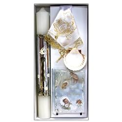 Baptismal Gift Set in Spanish with Missal, Rosary, 2x12" Large Sculpture Candle, Handkerchief, and Shell (Bautizo Set de Regalo)