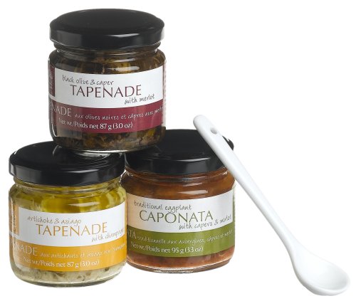 Wildly Delicious Antipasto Gift Set - 3.0-Ounce Artichoke & Asiago Tapenade, 3.0-Ounce Black Olive Tapenade, 3.3-Ounce Traditional Eggplant Caponata, Ceramic Serving Spoon
