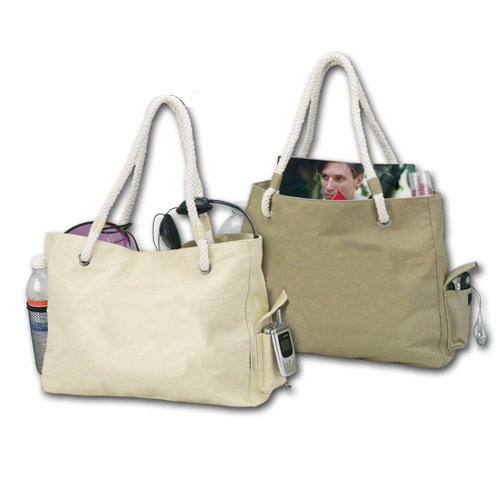 Cotton Canvas Rope Handle, Zipper Top, Tote Shopping Bag, Light Tan