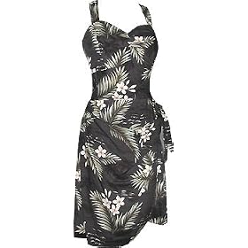 Island Breeze Hawaiian Aloha Sarong Dress is available in Navy Blue, White, Red, and Black.