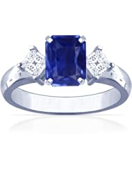 18K White Gold Emerald Cut Blue Sapphire Three Stone Ring
