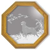 Decorative Etched Mirror - Hunting Dog Art Etching, Octagon Solid Oak Framed Wall Mirror