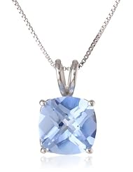 Sterling Silver 10mm Checkerboard Cushion Created Aquamarine Pendant Necklace (3.10 cttw), 18"