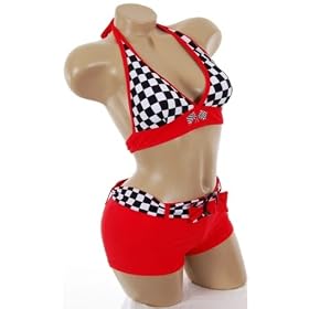 Sexy Checkered Red Racing Boyshorts Nascar Race Car Style Bikini Triangle Halter Top Racer Swimsuit