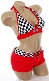 Sexy Checkered Red Racing Boyshorts Nascar Race Car Style Bikini Triangle Halter Top Racer Swimsuit