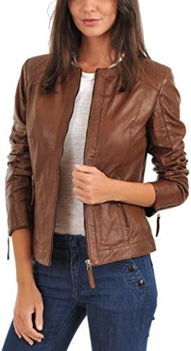 Leather Fashion Stores Women's Lambskin Leather Bomber Biker Jacket Large Tan