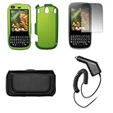 Palm Pixi Plus Premium Black Leather Carrying Pouch+Neon Green Rubberized Hard Snap-on Case Cover+Premuim LCD Screen Protetor+Premium Rapid Car Charger Combo For Palm Pixi Plus