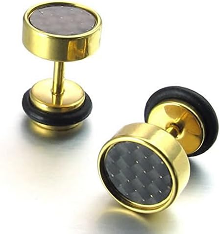 WVICTOR Jewelry Mens Stainless Steel Carbon Fiber Stud Earrings, 8mm, Black Gold