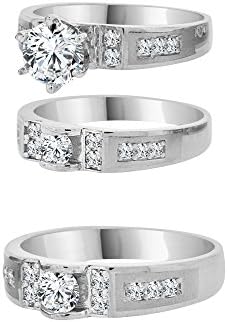 Sterling Silver, Trio Three Piece Engagement Wedding Ring His & Her Set Created Crystals