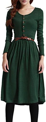 Innovateyfm Women's Retro Long Sleeve Button Pleated Belt Dress XX-Large Green