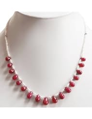 Fashionable Single Strand Natural Pearl & Cabochon Ruby Drops Beaded Necklace
