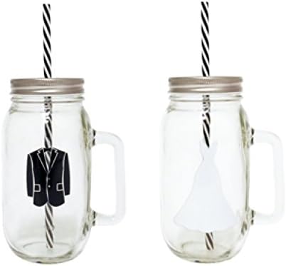 Bride and Groom Rustic Vintage Country Wedding Mason Jar Mugs with Straws 24oz