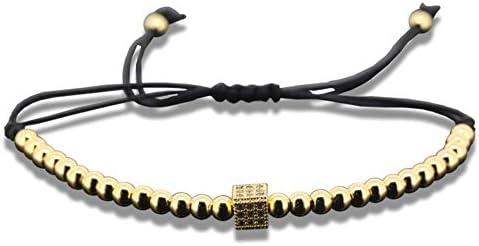 White Silver Plated Zircon Copper Square Charm Beaded Macrame Bracelet Men Gold