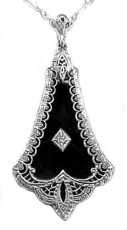 Art Deco Style Sterling Silver Filigree Black Onyx & Diamond Pendant