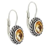 .925 Oxidized Sterling Silver Oval Genuine Citrine Earrings