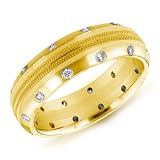 14K Yellow Gold Diamond Accented Ridged Men's Band Ring