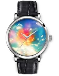 SPRAWL Aanalog Fashion Series Silver Ladies Watches of Genuine Black Leather Strap,Unique Wrist Watch for Women Girls Designed with Colorful clouds