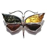 Multicolor Amber and Sterling Silver Butterfly Pin