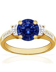 14K Yellow Gold Round Cut Blue Sapphire Ring With Sidestones (GIA Certificate)